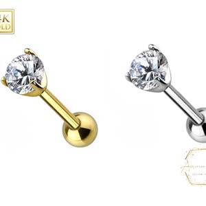 16GA 14 Karat. Solid Prong Set CZ Top 14K Yellow Gold Cartilage/Tragus Barbell 16 GA with Post Length 6mm 1/4" inch Sold 1 piece Piercing.