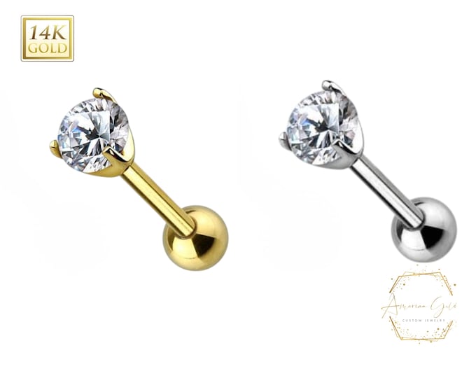 16GA 14 Karat. Solid Prong Set CZ Top 14K Yellow Gold Cartilage/Tragus Barbell 16 GA with Post Length 6mm 1/4" inch Sold 1 piece Piercing.