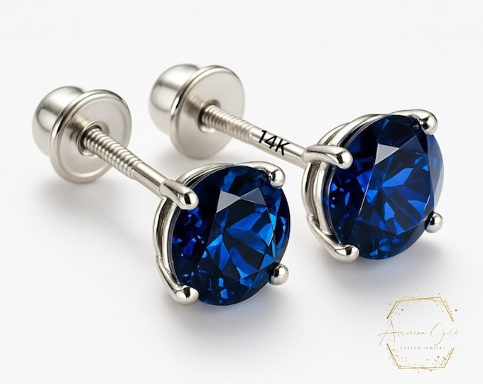 Lab Blue Sapphire 14K Real Yellow Gold Light Weight Gold sold in 1 Pair Round Solitaire Lab Blue Sapphire  Earrings stud.