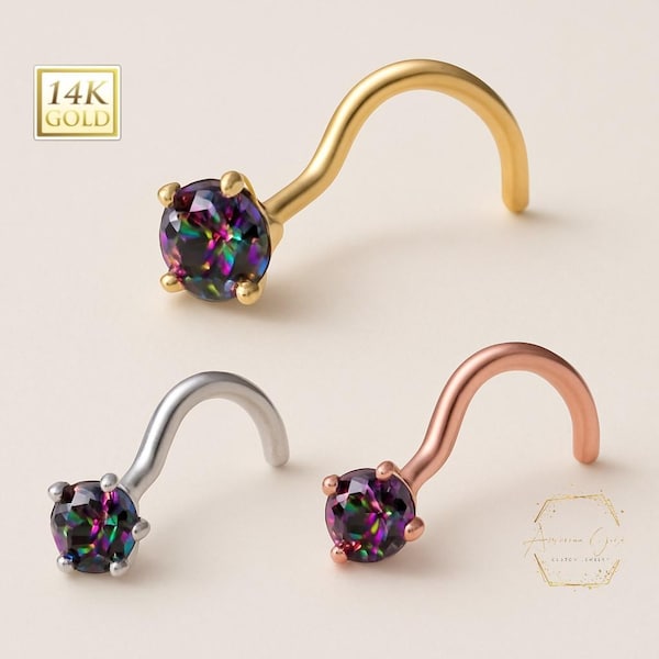 Mystic Rainbow Topaz,   Natural or CZ or moissanite  14K Solid Gold Nose Stud L shape or Twisted Crooked Screw 20 GA Round Gemstone.