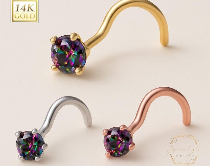 Mystic Rainbow Topaz,   Natural or CZ or moissanite  14K Solid Gold Nose Stud L shape or Twisted Crooked Screw 20 GA Round Gemstone.