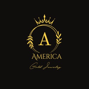 May include: A gold logo featuring a crown above the letter A, encircled by a wreath. The text "AMERICA Gold Jewelry" is positioned beneath the logo.