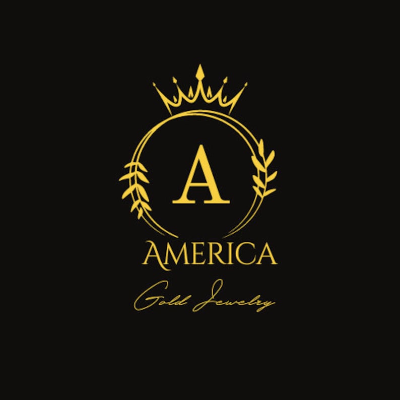 May include: A gold logo featuring a crown above the letter A, encircled by a wreath. The text "AMERICA Gold Jewelry" is positioned beneath the logo.