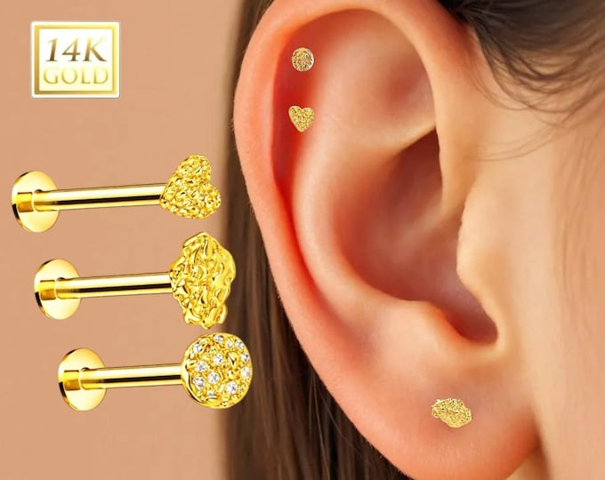 14K Gold Internally Threaded Labret, Flat Back Stud Witt Nugget Style, Sold 1 piece 20GA , Select your stone.