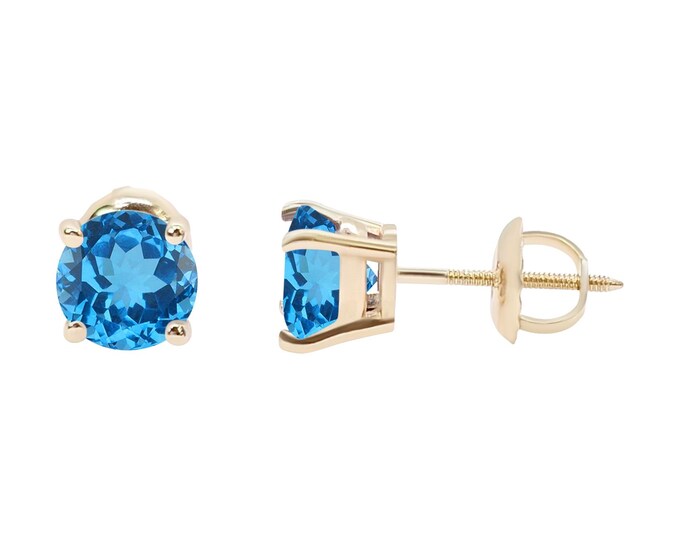 Blue Topaz 14K Real Yellow Gold Heavier Weight Gold sold in 1 Pair Round Solitaire December Birthstone  Earrings stud.