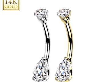 14K Gold Internally Threaded Double Tear Drop Prong Set CZ Belly Button Navel Ring  14GA (1.6mm)3/8" (10mm)4 & 6mm