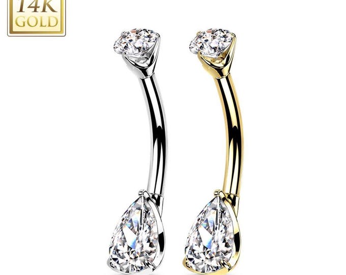 14K Gold Internally Threaded Double Tear Drop Prong Set CZ Belly Button Navel Ring  14GA (1.6mm)3/8" (10mm)4 & 6mm