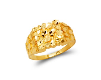 Small 14K Gold Men's Ring  12mm Center Nugget Square Rings 14K Real Gold Not Plated Fashion Men's Ring Small Size.
