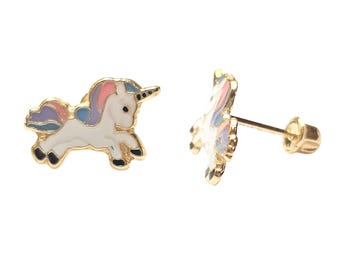 Colorful Unicorn 14K Gold earring screw baby backing  For kids Baby Jewelry sold 1 pair Earrings Stud NEW!!!
