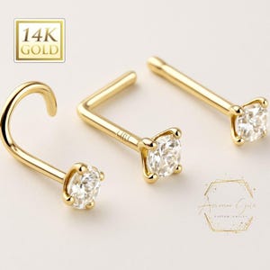 Moissanite 14K Solid Gold , Curve Bar Nose Stud, Diamond Nose Stud, VVS1 DEF Colorless Pass Diamond Tester Round 20 GA.