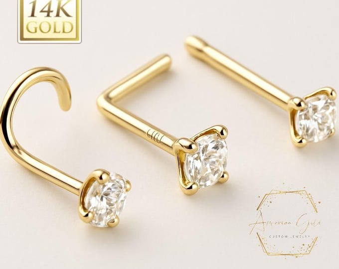 Moissanite 14K Solid Gold , Curve Bar Nose Stud, Diamond Nose Stud, VVS1 DEF Colorless Pass Diamond Tester Round 20 GA.