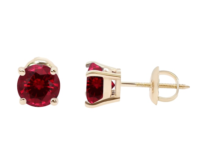 Ruby 14K Real Yellow Gold Heavier Weight Gold sold in 1 Pair Round Solitaire Ruby July Birthstone  Earrings stud.