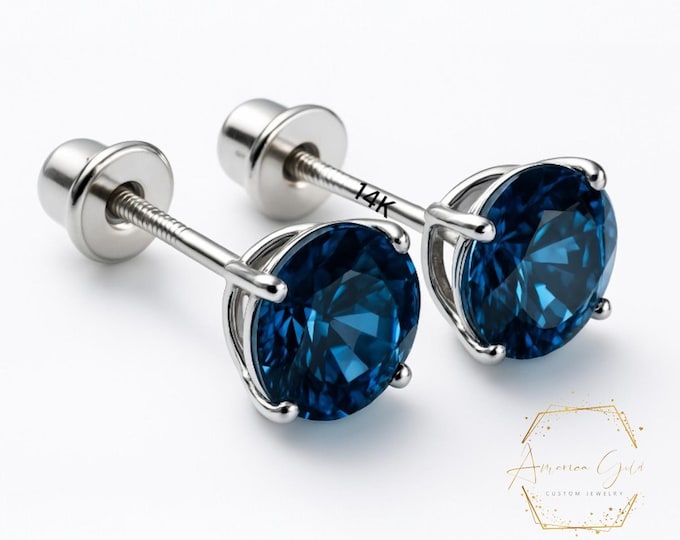 Natural London Blue Topaz 14K Real Yellow Gold Light Weight Gold sold in 1 Pair Round Solitaire London Blue Topaz Earrings stud.