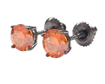 Moissanite Orange Sterling Silver Round with Black Rhodium Black Stud Screw or Push Backing Thicker post Stud Earring 1 pair.