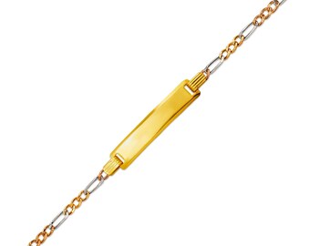 14K Gold  Kids Hollow 3 Tone Figaro ID Bracelet 6 Inches available in 4 thickness with Real 14K Gold engrave available 1 piece bracelet.