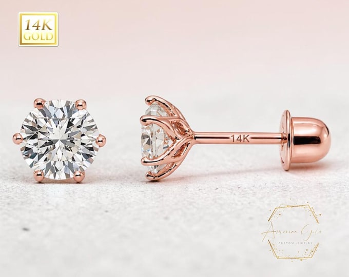 14K ROSE Gold with Flower 6 Prong Round Stud baby screw backing earrings 1 pair.