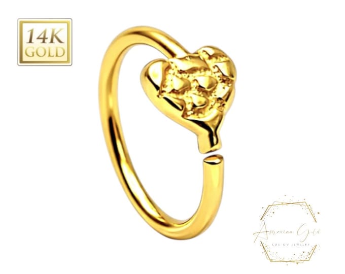 14K Solid Gold Nose Hoop  Heart Nugget Hoop  20 GA 8mm sold 1 piece Yellow Gold Nose Hoop Nose Ring 14K Real Gold
