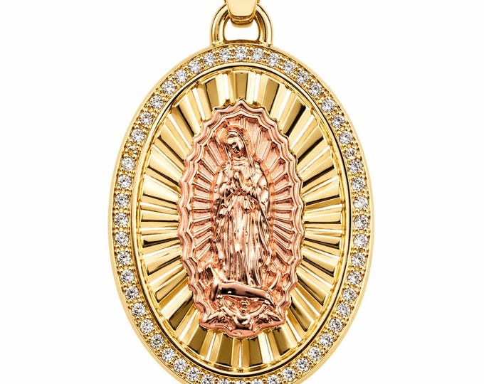 14K Rose Gold Oval Guadalupe CZ Pendant available in 3 sizes Religious Pendant Real Gold.