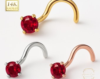 Garnet 14K Solid gold Genuine Real Garnet Nose Stud ,  14K Solid Gold in Twisted Crooked Screw, 20 GA, Nose Pin, Nostril, Nose Jewel
