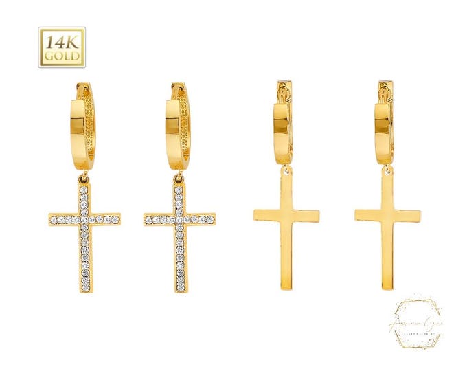 2mm Round Tube Hoop Cross Earrings 14K Real Gold 1 Pair with Hinged Available Yellow Gold with gemstone or plain,NEW Women's Girl Earrings.