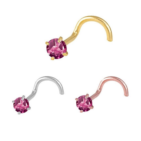 Pink Tourmaline 14K Gold Nose Stud ,  14K Solid Gold in Twisted Crooked Screw, 20 GA, Nose Pin, Nostril, Nose Jewel