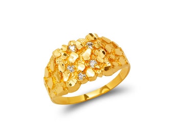 Small 14K Gold Men's Ring  12mm Center Nugget Square Rings 14K Real Gold High Polished/Diamond Cut/Cubic Zirconia