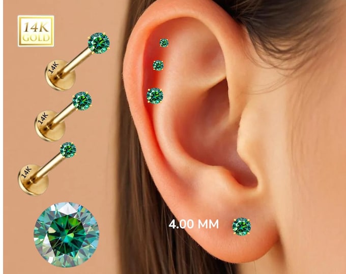 14K Gold Internally Threaded Labret, Flat Back Stud With Prong Set CZ Top Sold 1 piece 20GA , Green Cyan Moissanite Diamond