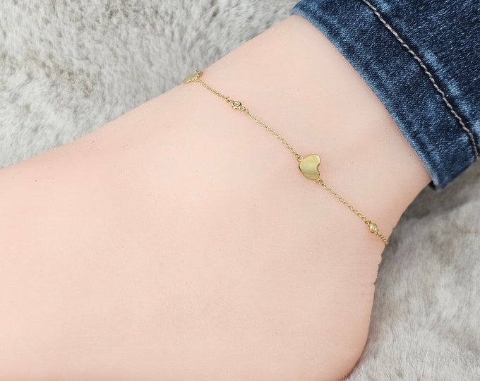 10K  Yellow Gold Fancy Anklet Hollow 7mm Heart Round Bezel design Dainty Rolo Chain 9+ 1 inches .