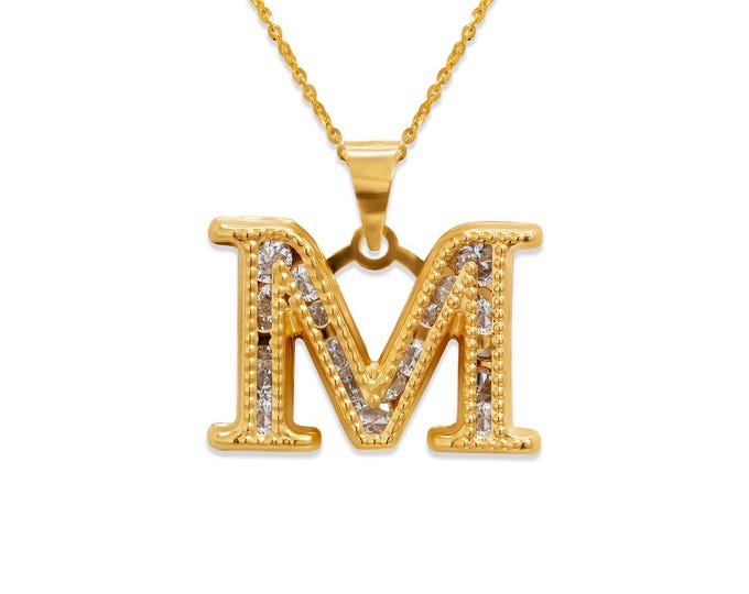 14K Solid Gold Block Dainty Small  Cubic Zircon Pendant A-Z available in 26 different Letter .