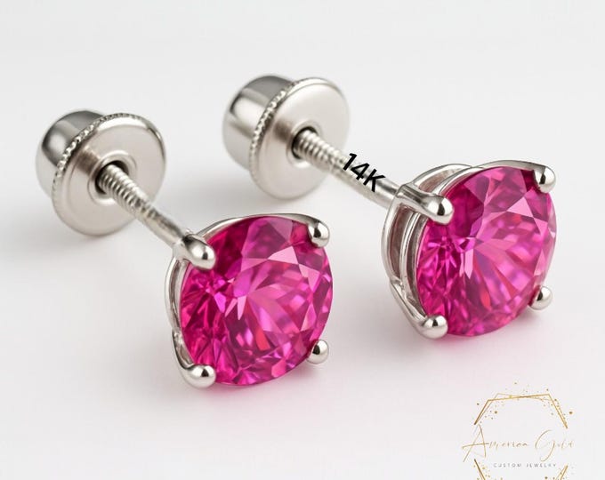 Natural Pink Topaz 14K Real Yellow Gold Light Weight Gold sold in 1 Pair Round Solitaire Pink Topaz Natural Birthstone  Earrings stud.