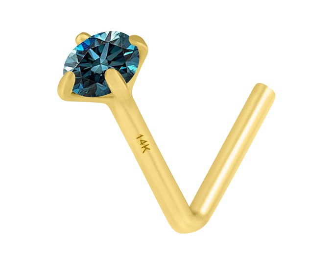 Natural Blue Diamond 14K Solid Gold Nose Stud L shape or Twisted Crooked Screw 20 GA With REAL Blue Diamond Genuine Natural 2mm - 3.50 mm .