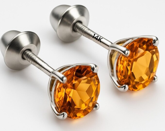 Natural Citrine 14K Real Gold Solitaire Round Cut Baby Screw Backing or  Push Backing Earring with 4 Prong 3 mm - 8 mm