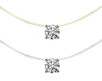 Moissanite Necklace with 4 prong Necklace 14K Real Gold With Rolo Chain