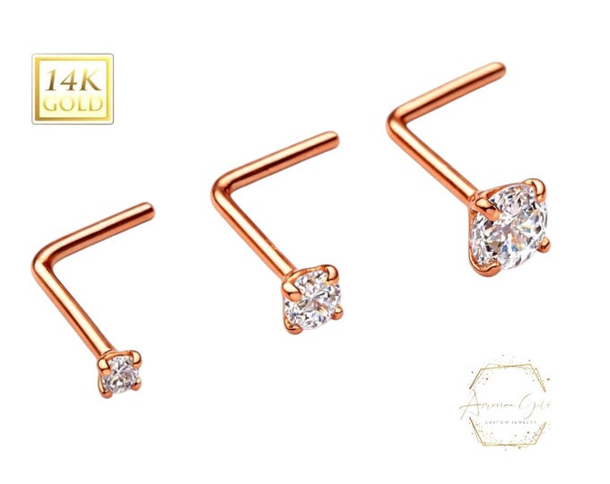 14K Rose Gold , L Shaped Nose Stud, Diamond Nose Stud, Moissanite , Lab Diamond, Nose Stud 20 GA 1.50mm-3.50mm Gemstone Nose Piercing.