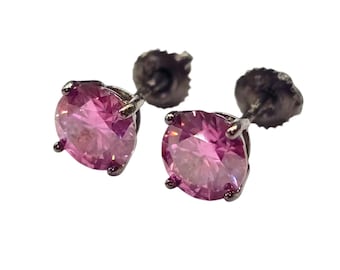 PINK Moissanite VVS1 Sterling Silver Round with Black Rhodium Black Stud Screw or Push Backing Thicker post Stud Earring 1 pair.
