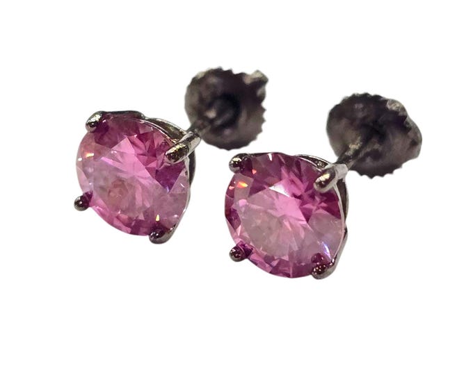 PINK Moissanite VVS1 Sterling Silver Round with Black Rhodium Black Stud Screw or Push Backing Thicker post Stud Earring 1 pair.