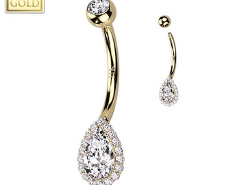 14K Gold Internally Threaded Double Round Prong Set CZ Belly Button Navel Ring  14GA (1.6mm)3/8" (10mm)4 & 6mm