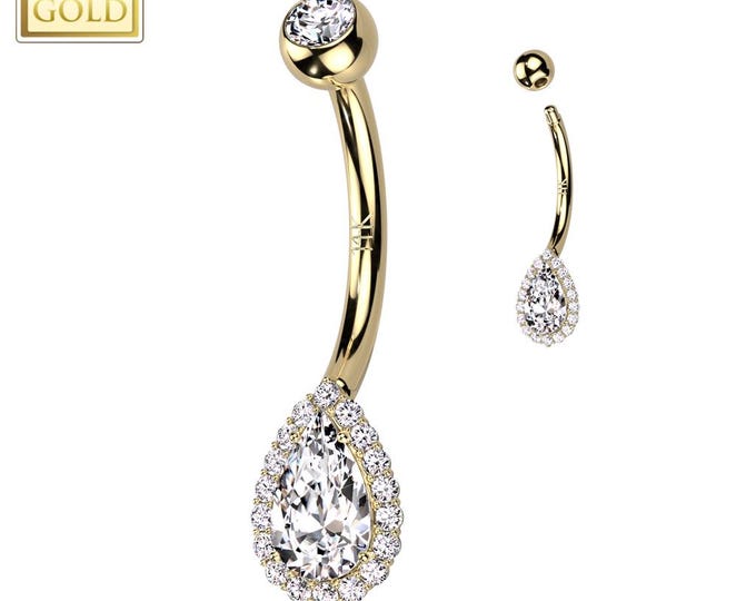 14K Gold Internally Threaded Double Round Prong Set CZ Belly Button Navel Ring  14GA (1.6mm)3/8" (10mm)4 & 6mm