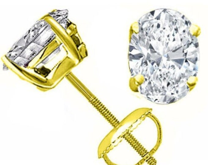 Oval Heavy Basket 14K Solid Gold Earrings stud Choice CZ or Moissanite VVS DEF 1 Pair Diamond Screw Backing or Push Backing option.