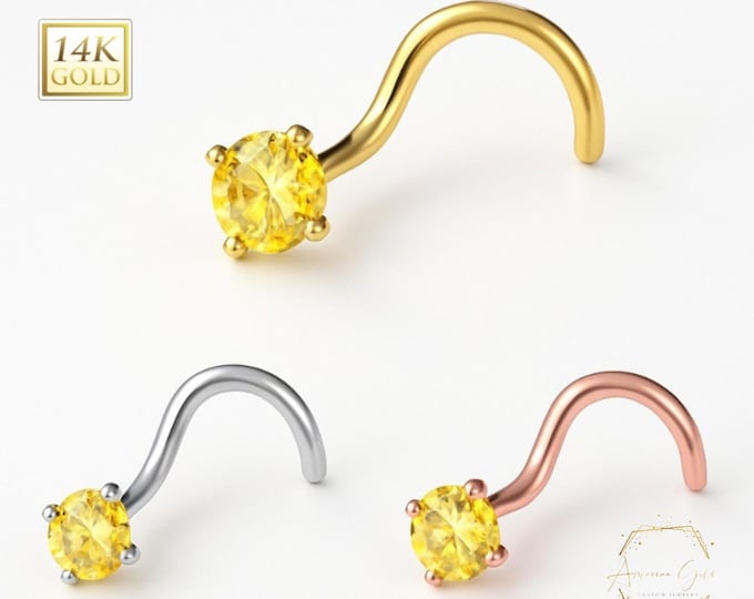 Citrine 14K Solid gold Genuine Real Citrine Nose Stud ,  14K Solid Gold in Twisted Crooked Screw, 20 GA Real Natural Citrine .