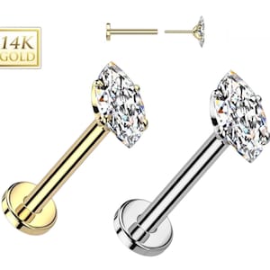 Marquise 14K Gold Threadless Push-in Labret 18 GAUGE, Flat Back Studs With Prong Set CZ or Moissanite Top for Cartilage, Monroe, Nose Stud