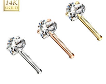 14K Solid Gold , Bone End Nose Stud, Natural Gemstone , Nose Stud 20 GA 2.00mm-3.50mm Heart Cut Nose Stud 20GA