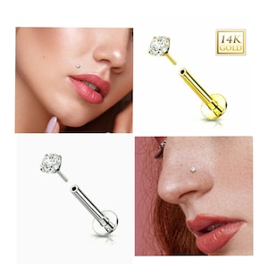 14K Gold Threadless Push-in Labret 18 GAUGE, Flat Back Studs With Prong Set CZ Top for Cartilage, Monroe, Nose Stud