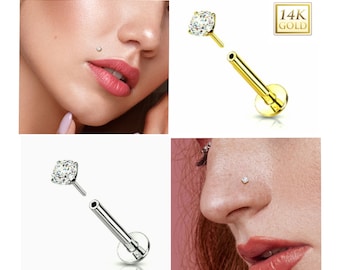 14K Gold Threadless Push-in Labret 18 GAUGE, Flat Back Studs With Prong Set CZ Top for Cartilage, Monroe, Nose Stud