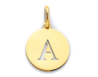 14K Gold , Real Genuine Solid Gold , Small Round Cut Out Initial pendant 12.00mm Small.