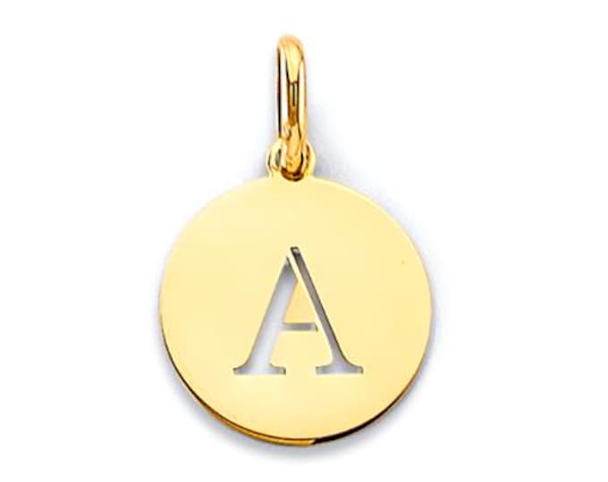 14K Gold , Real Genuine Solid Gold , Small Round Cut Out Initial pendant 12.00mm Small.