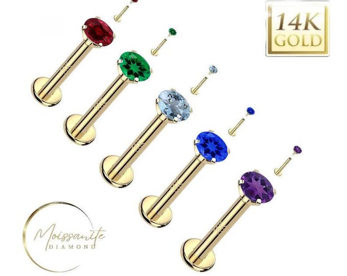 3mm Natural Gemstone 14K Gold Internally Threaded Labret, Flat Back Stud With Prong Sold 1 piece 16GA , Lip, Cartiladge, Nose Stud,Tragus.