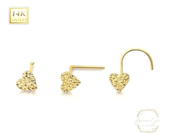 22 GA Small 3mm Heart 14K Gold Nugget Nose Stud  7mm Post length available 3 ends Nose Ring Nuggets Real Gold.