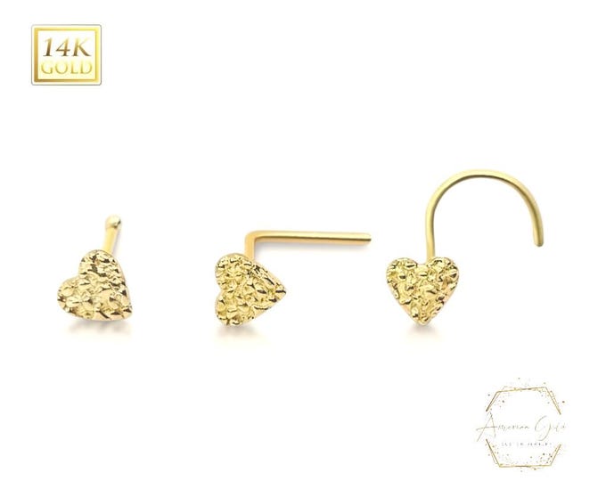 22 GA Small 3mm Heart 14K Gold Nugget Nose Stud  7mm Post length available 3 ends Nose Ring Nuggets Real Gold.