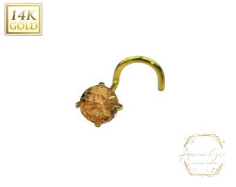 Champagne Peach CZ  14K Solid gold  Nose Stud ,  14K Solid Gold in Twisted Crooked Screw, 20 GA